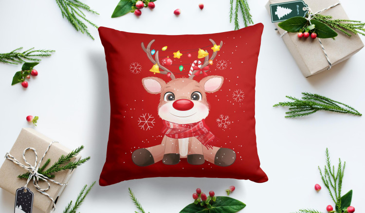 Decorative Microfiber Pillow Fairytale Reindeer - colourful silhouette of a seated animal on a red background 149178 additionalImage 2