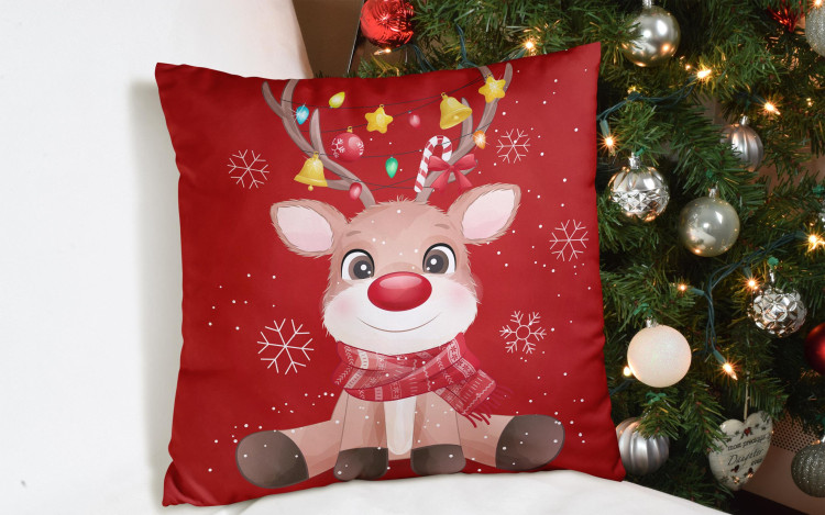 Decorative Microfiber Pillow Fairytale Reindeer - colourful silhouette of a seated animal on a red background 149178 additionalImage 4