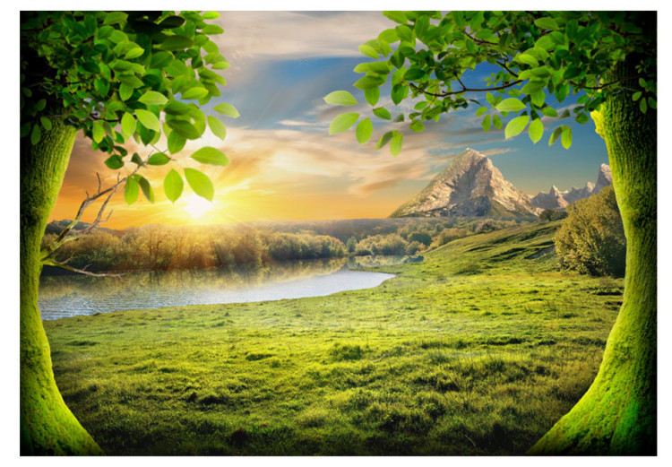 Photo Wallpaper Peaceful Meadow - landscape with trees against mountains and a rising sun 59778 additionalImage 1