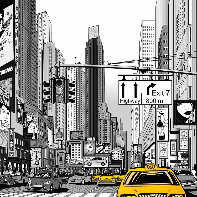 Photo Wallpaper Comic about New York - Black and White Architecture with Yellow Taxis 61478 additionalImage 5