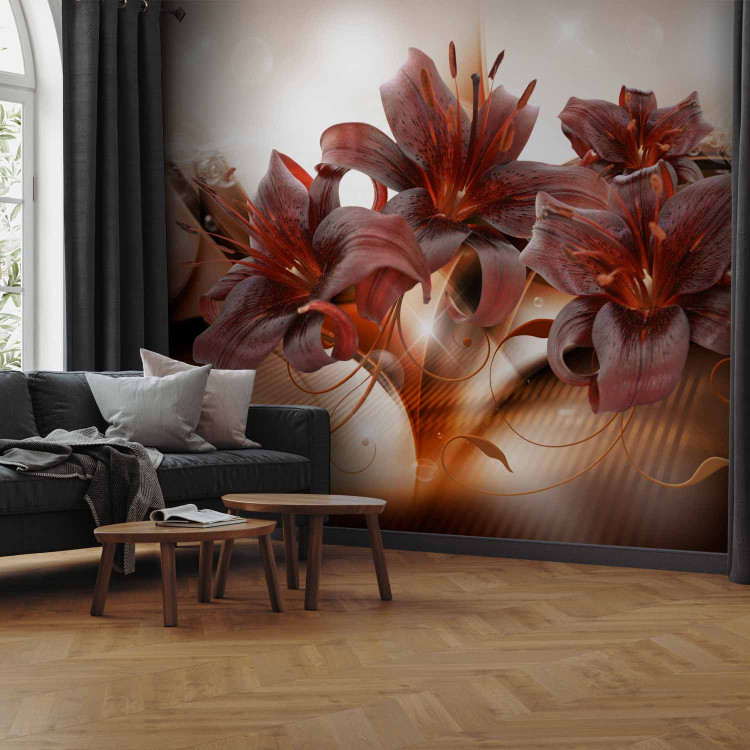Photo Wallpaper Fiery lilies - abstract with flowers with glowing background and patterns 64178