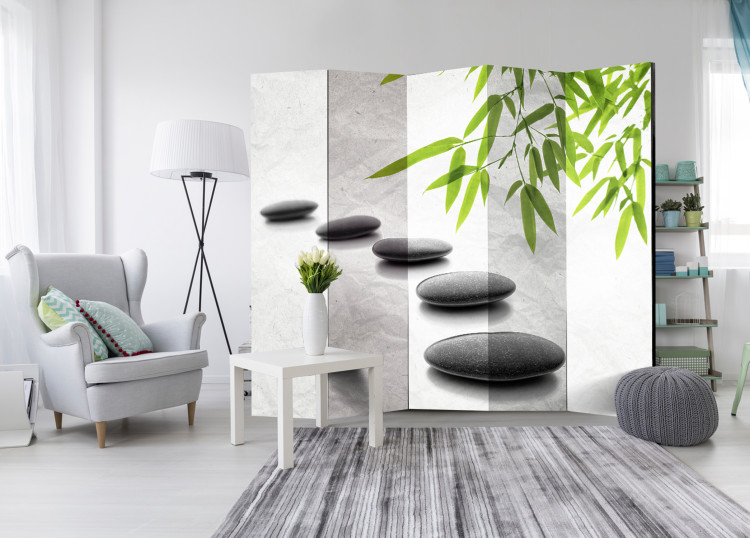 Folding Screen Zen Stones II - flat stones and bamboo leaves on a white background 96078 additionalImage 2