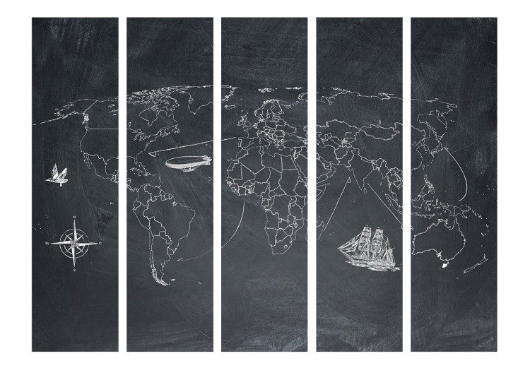 Room Separator Small and Big Travels II (5-piece) - black and white sketch of world map 133288 additionalImage 3
