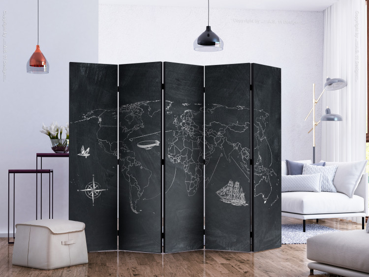 Room Separator Small and Big Travels II (5-piece) - black and white sketch of world map 133288 additionalImage 2