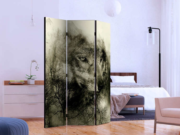 Folding Screen Predator from the Mountains (Beige) (3-piece) - gray wolf among tree crowns 133388 additionalImage 2