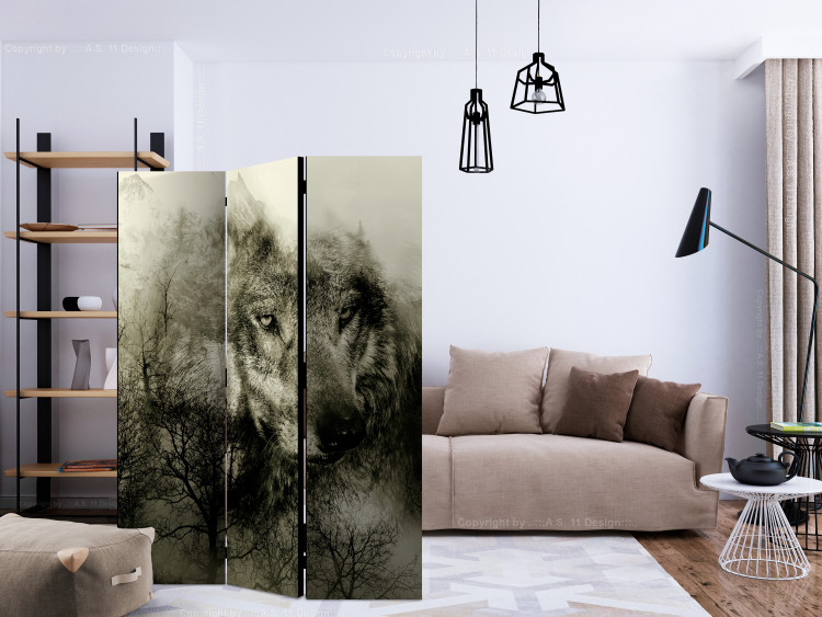 Folding Screen Predator from the Mountains (Beige) (3-piece) - gray wolf among tree crowns 133388 additionalImage 4