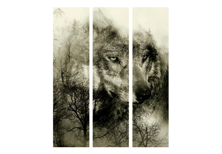 Folding Screen Predator from the Mountains (Beige) (3-piece) - gray wolf among tree crowns 133388 additionalImage 3