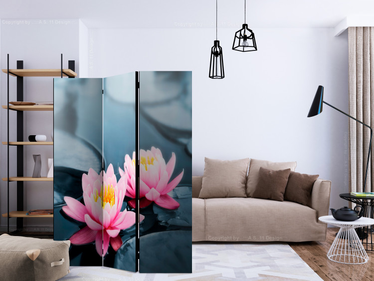 Folding Screen Lotus Blossoms - pink lily flower on water with floating leaves 133988 additionalImage 4