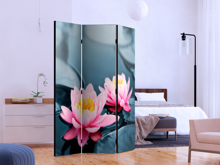 Folding Screen Lotus Blossoms - pink lily flower on water with floating leaves 133988 additionalImage 2