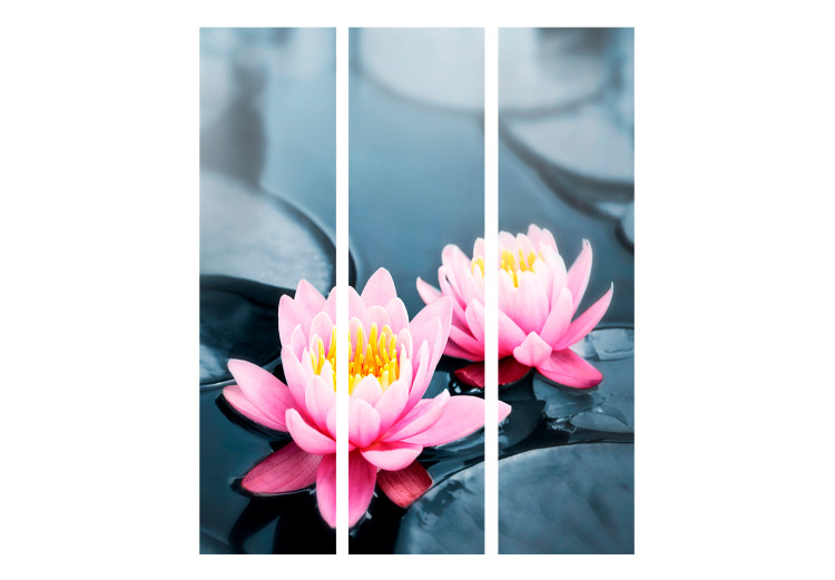 Folding Screen Lotus Blossoms - pink lily flower on water with floating leaves 133988 additionalImage 3