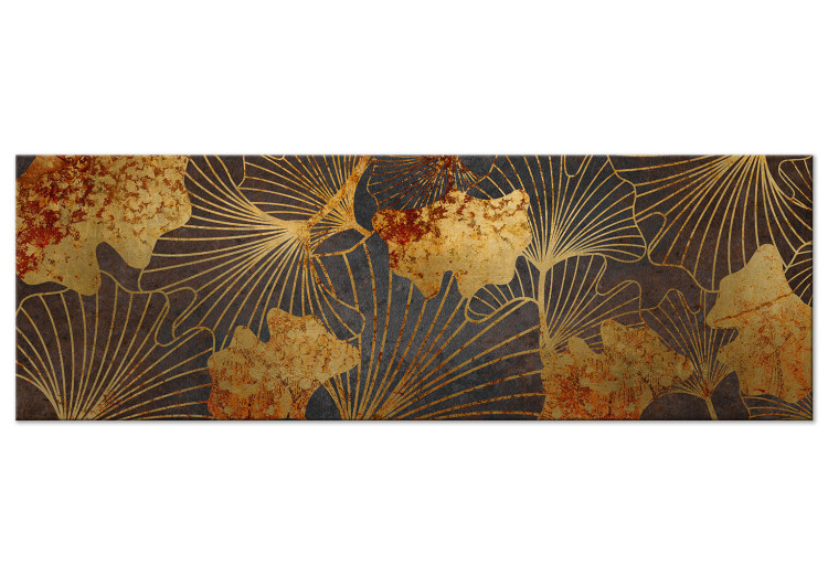 Canvas Print Golden leaves - a vegetable ornament in blue and gold, horizontal 134788