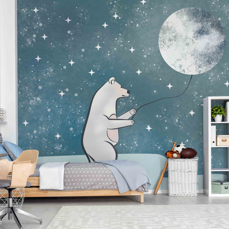 Wall Mural Fairy tale fantasy - white teddy bear holding a moon balloon for children 142988 additionalImage 4