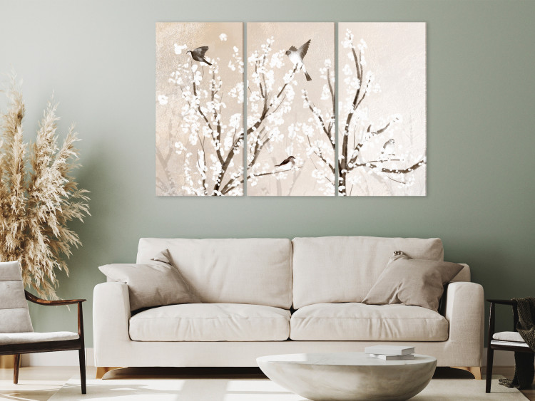 Canvas Print Trees and Birds (3-piece) - blooming white flowers on branches 144588 additionalImage 3