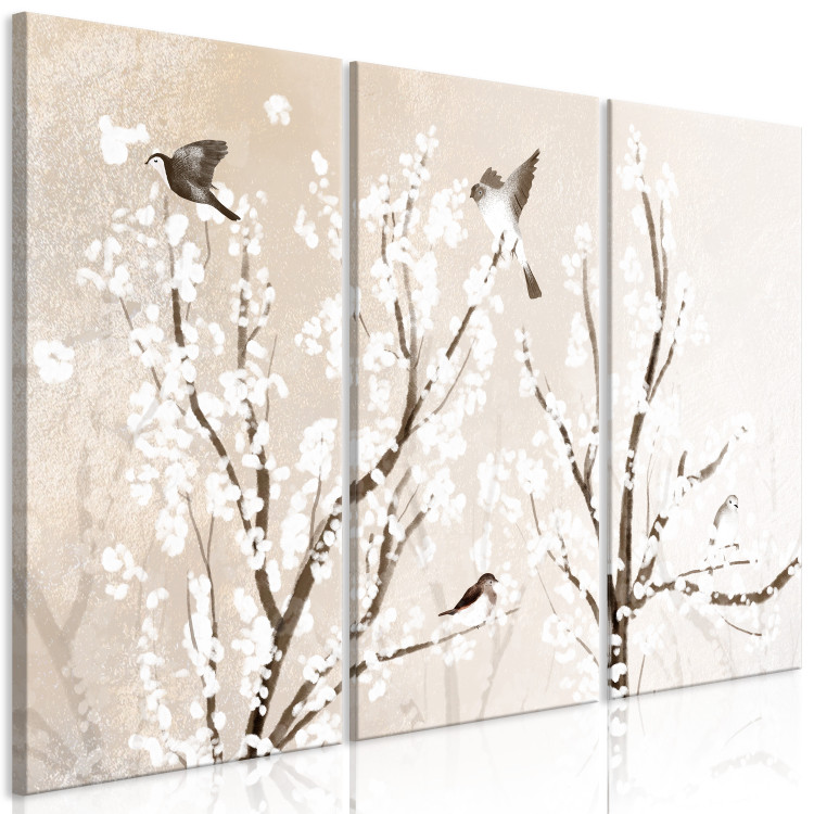 Canvas Print Trees and Birds (3-piece) - blooming white flowers on branches 144588 additionalImage 2