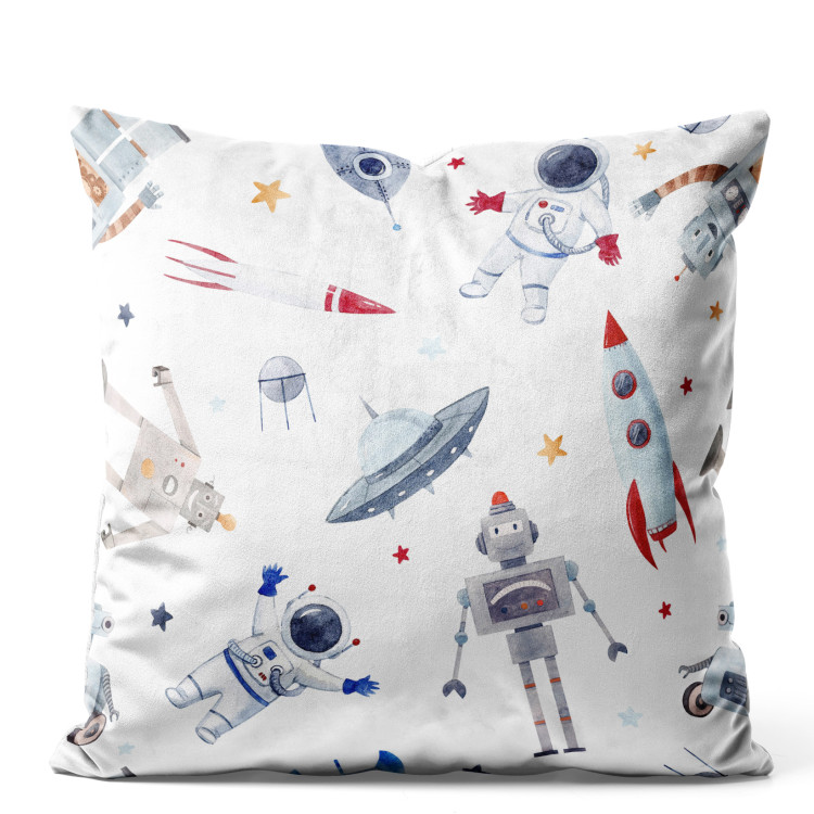 Decorative Velor Pillow Space Toys - Rockets and Astronauts Among the Stars on a White Background 151388