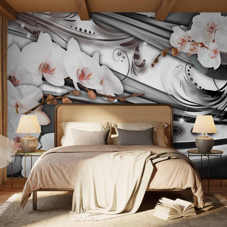 Wall Mural Silver Abstraction - White orchid flowers with ornaments and jewelry 61788 additionalImage 2