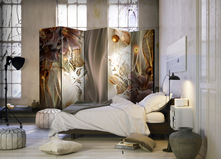 Folding Screen Amber Land II - abstract brown ornaments and waves of light 95388 additionalImage 2