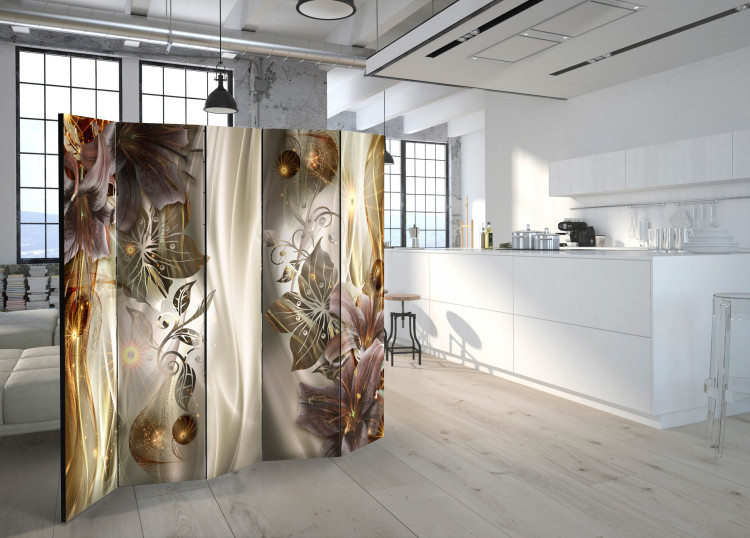 Folding Screen Amber Land II - abstract brown ornaments and waves of light 95388 additionalImage 4