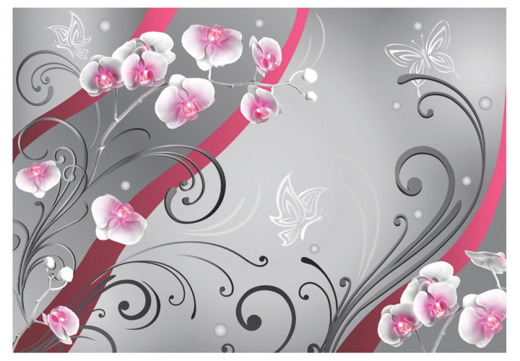 Wall Mural Pink accent - orchids in a composition with ornaments on a grey background 97188 additionalImage 1