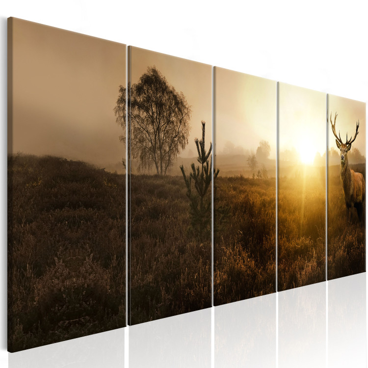 Canvas Print Morning Fields (5-piece) - Deer amidst Grass and Distant Trees 106098 additionalImage 2