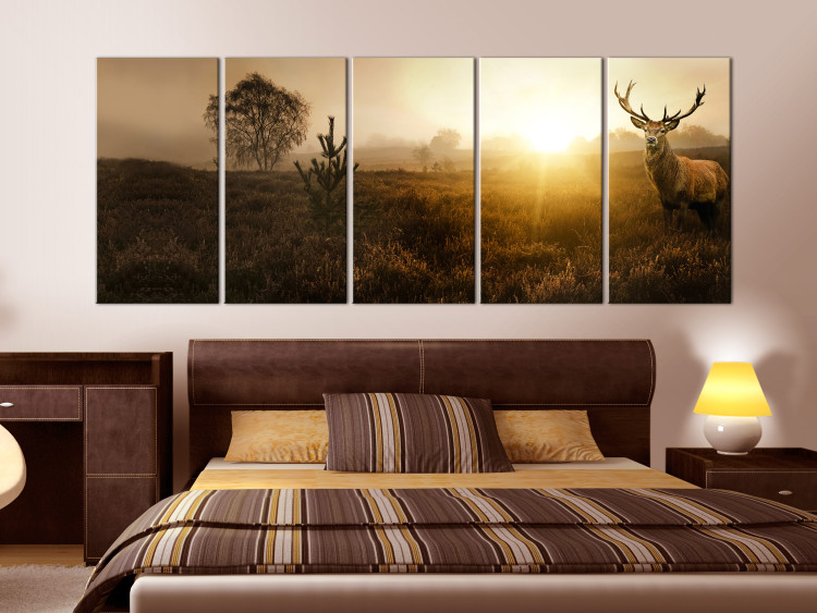 Canvas Print Morning Fields (5-piece) - Deer amidst Grass and Distant Trees 106098 additionalImage 3