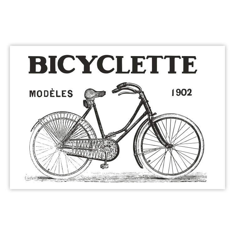 Poster Old bicycle - black and white composition with a date and English texts 115098