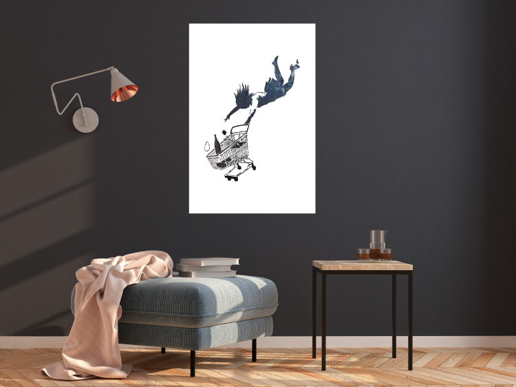 Poster Shopping Frenzy - black and white mural with a character and shopping cart in Banksy style 118698 additionalImage 2