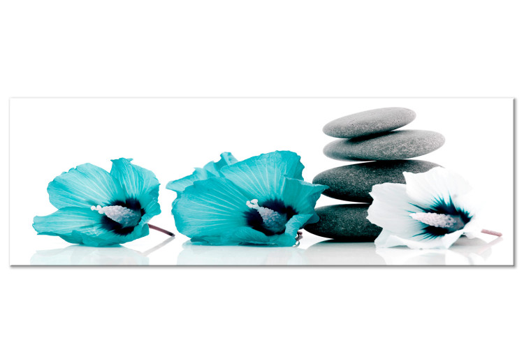 Canvas Art Print Feng shui composition - stones and blue flowers on a white background 123398