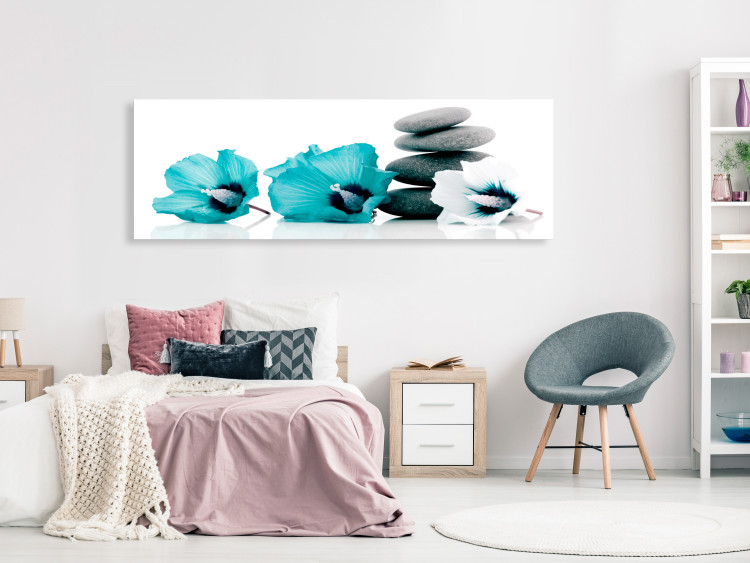 Canvas Art Print Feng shui composition - stones and blue flowers on a white background 123398 additionalImage 3