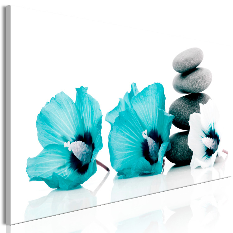 Canvas Art Print Feng shui composition - stones and blue flowers on a white background 123398 additionalImage 2