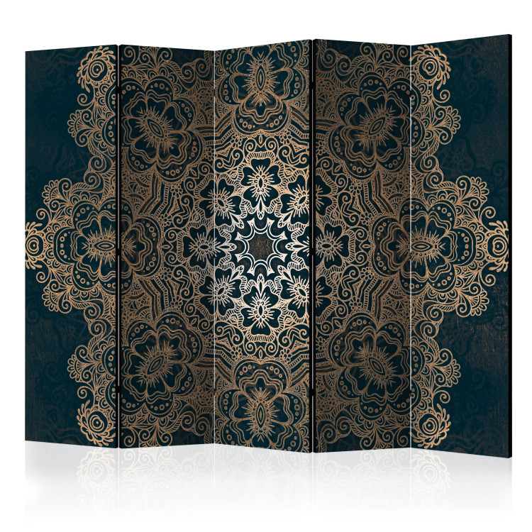 Room Divider Screen Intricate Design II (5-piece) - golden oriental Mandala in black 124098