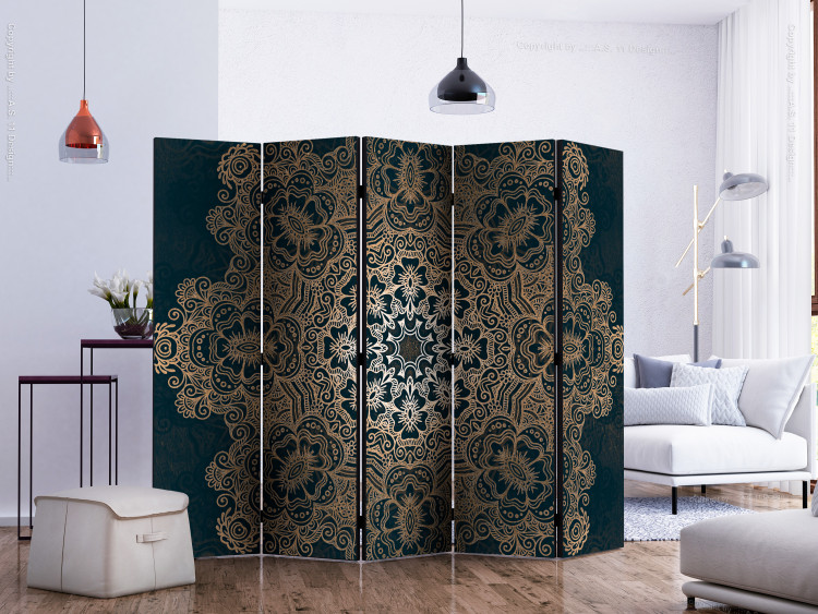 Room Divider Screen Intricate Design II (5-piece) - golden oriental Mandala in black 124098 additionalImage 2