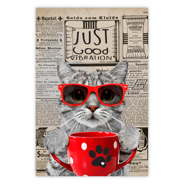 Poster Cat with Coffee - funny composition with domestic pet and text in the background 129098