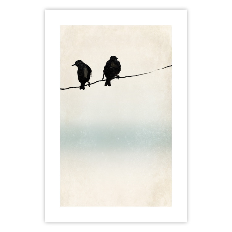 Poster Frozen Sparrows - black birds on wires on delicate colored background 129598 additionalImage 25
