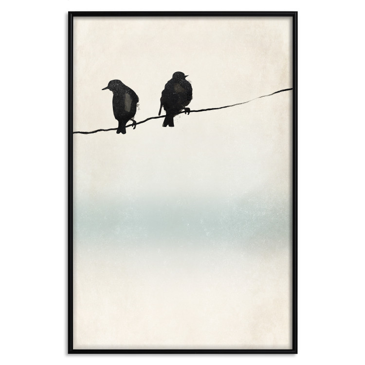 Poster Frozen Sparrows - black birds on wires on delicate colored background 129598 additionalImage 18