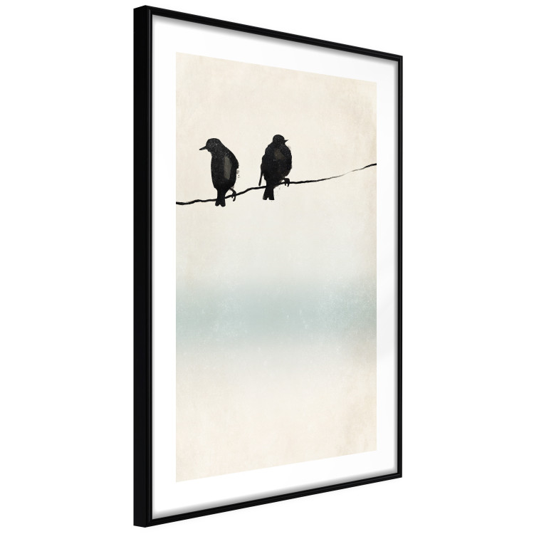 Poster Frozen Sparrows - black birds on wires on delicate colored background 129598 additionalImage 12