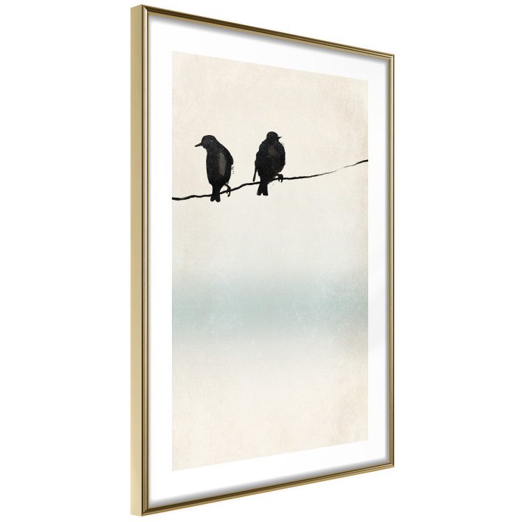 Poster Frozen Sparrows - black birds on wires on delicate colored background 129598 additionalImage 11