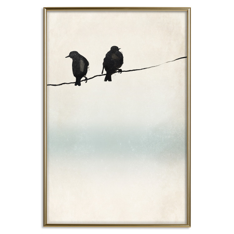 Poster Frozen Sparrows - black birds on wires on delicate colored background 129598 additionalImage 17