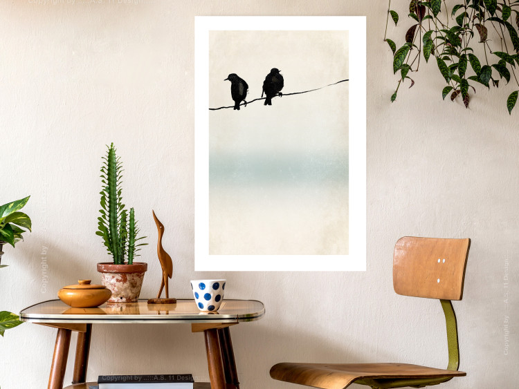 Poster Frozen Sparrows - black birds on wires on delicate colored background 129598 additionalImage 6