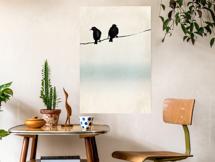 Poster Frozen Sparrows - black birds on wires on delicate colored background 129598 additionalImage 7