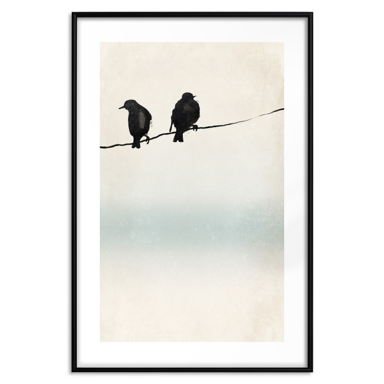 Poster Frozen Sparrows - black birds on wires on delicate colored background 129598 additionalImage 15