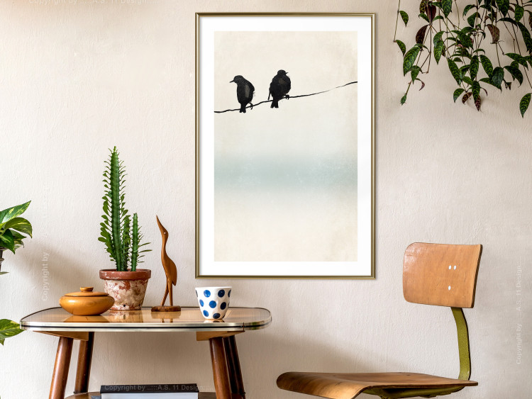 Poster Frozen Sparrows - black birds on wires on delicate colored background 129598 additionalImage 15