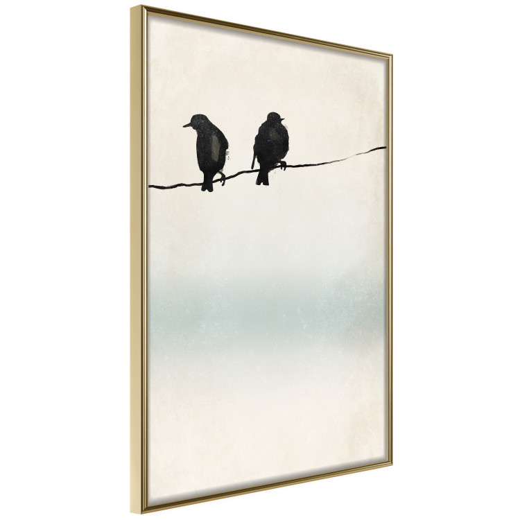 Poster Frozen Sparrows - black birds on wires on delicate colored background 129598 additionalImage 2