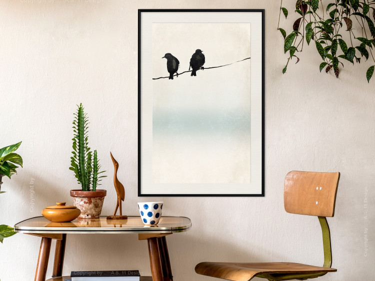 Poster Frozen Sparrows - black birds on wires on delicate colored background 129598 additionalImage 24