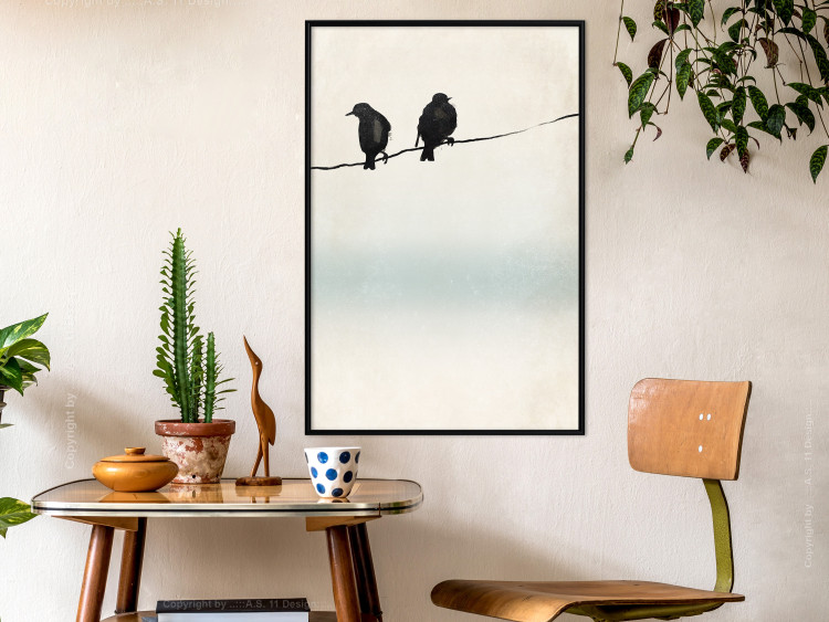 Poster Frozen Sparrows - black birds on wires on delicate colored background 129598 additionalImage 8
