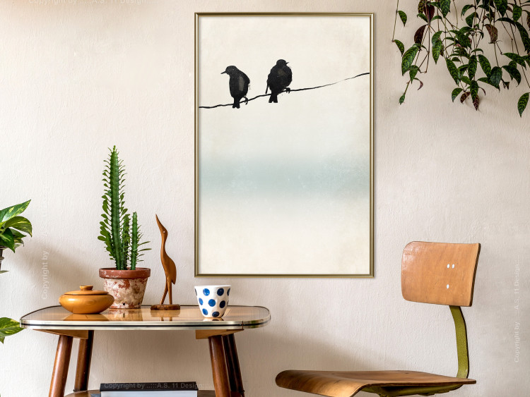 Poster Frozen Sparrows - black birds on wires on delicate colored background 129598 additionalImage 9