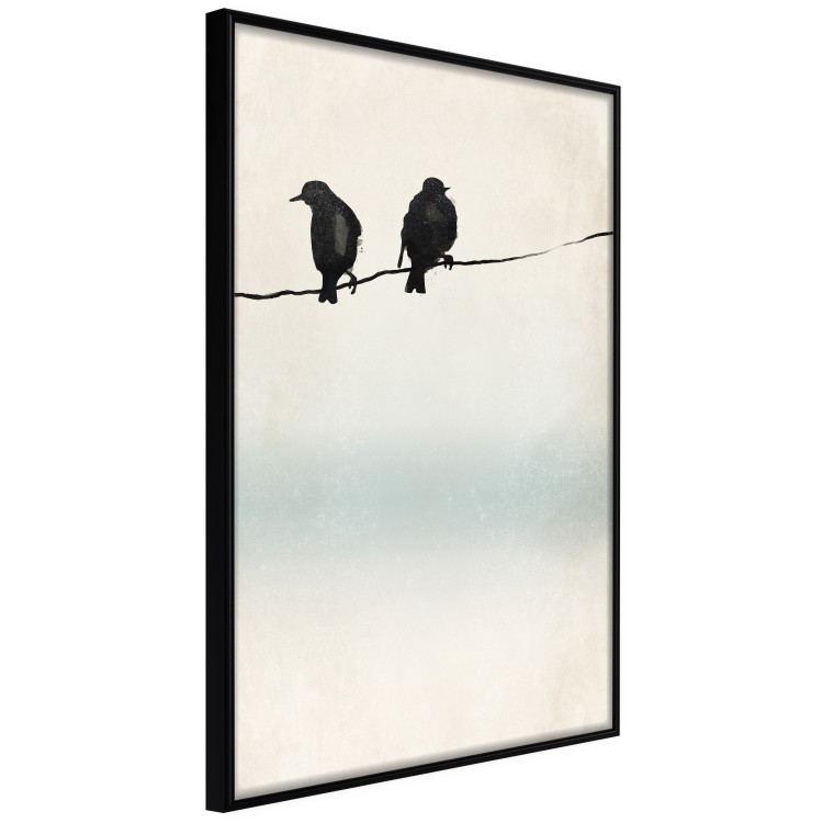 Poster Frozen Sparrows - black birds on wires on delicate colored background 129598 additionalImage 11