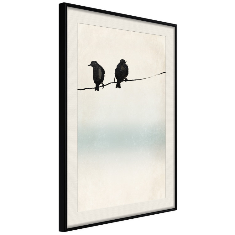 Poster Frozen Sparrows - black birds on wires on delicate colored background 129598 additionalImage 9
