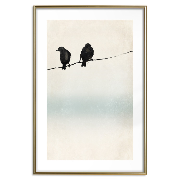 Poster Frozen Sparrows - black birds on wires on delicate colored background 129598 additionalImage 16