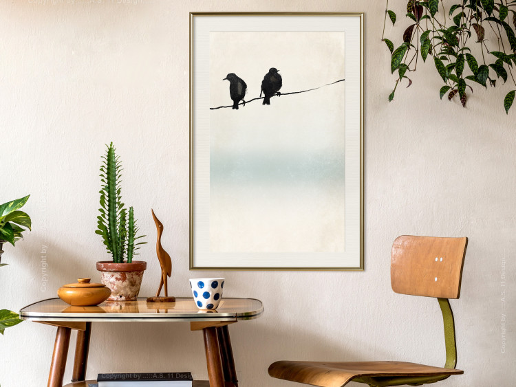 Poster Frozen Sparrows - black birds on wires on delicate colored background 129598 additionalImage 22